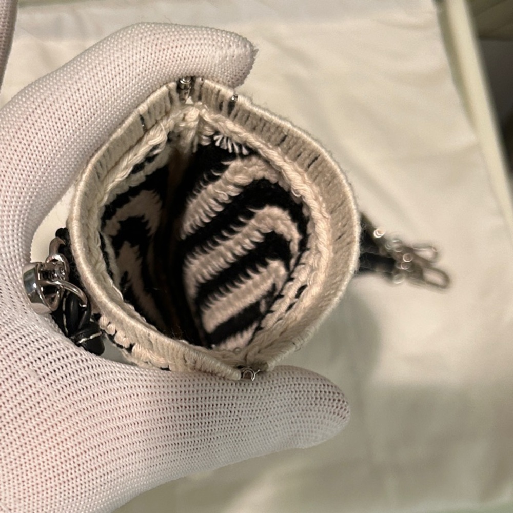 NWOT STAUD Artisanal Black & Cream Crochet Pouch & Black Leather Mini Bag Charm. - Picture 14 of 15